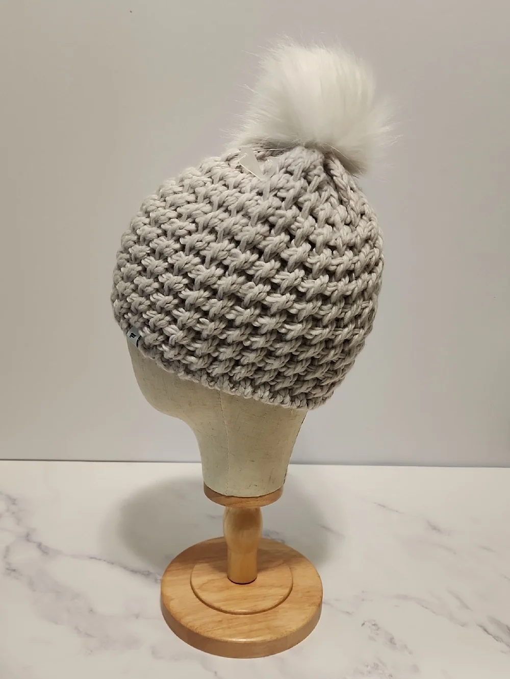 Fabletics  Chunky Knit Beanie Warm Hat with White Cozy Gray Knit  with Pom Pom